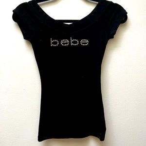 Bebe vintage ribbed V-neck shirt with rhinestone logo, Size XS (stretchy)